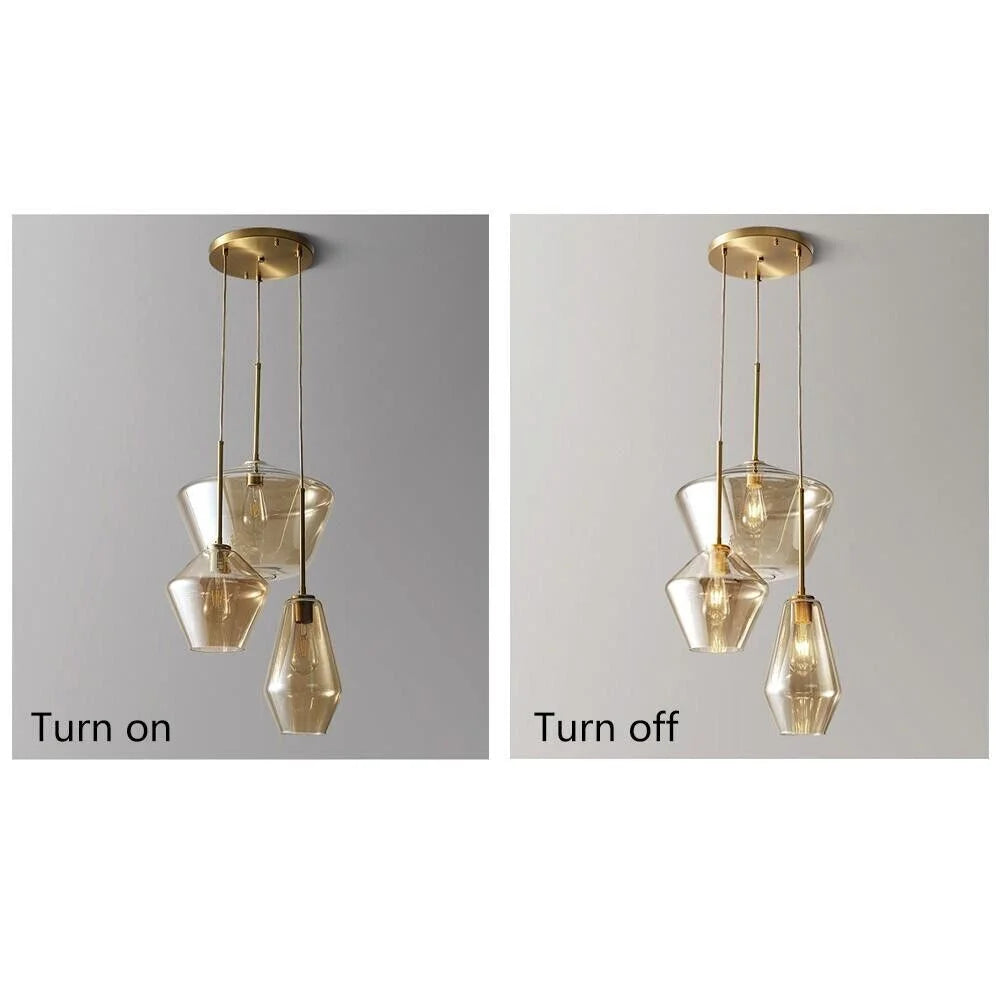 Vintage Glass 3 Light Pendant Lamp Adjustable Height Gold Finish K62958