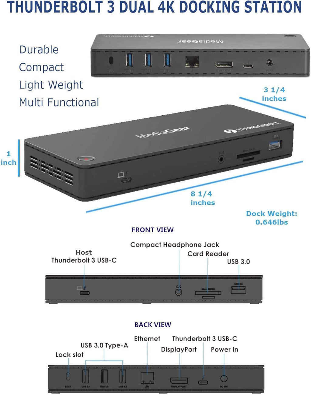 Thunderbolt 3 Dock with 4K 60Hz USB C DisplayPort 85W Power Delivery L605
