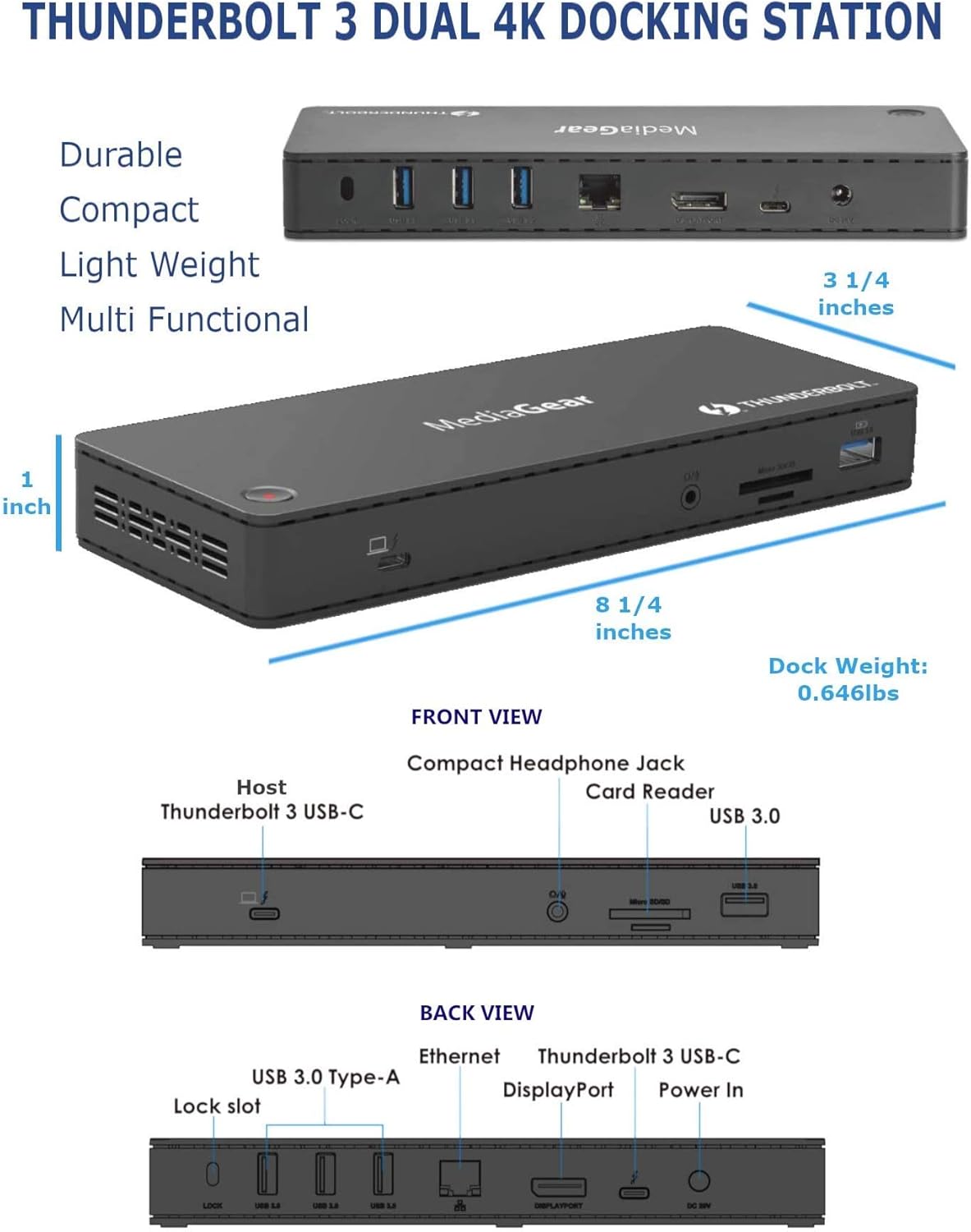 Thunderbolt 3 Dock with 4K 60Hz USB C DisplayPort 85W Power Delivery L605