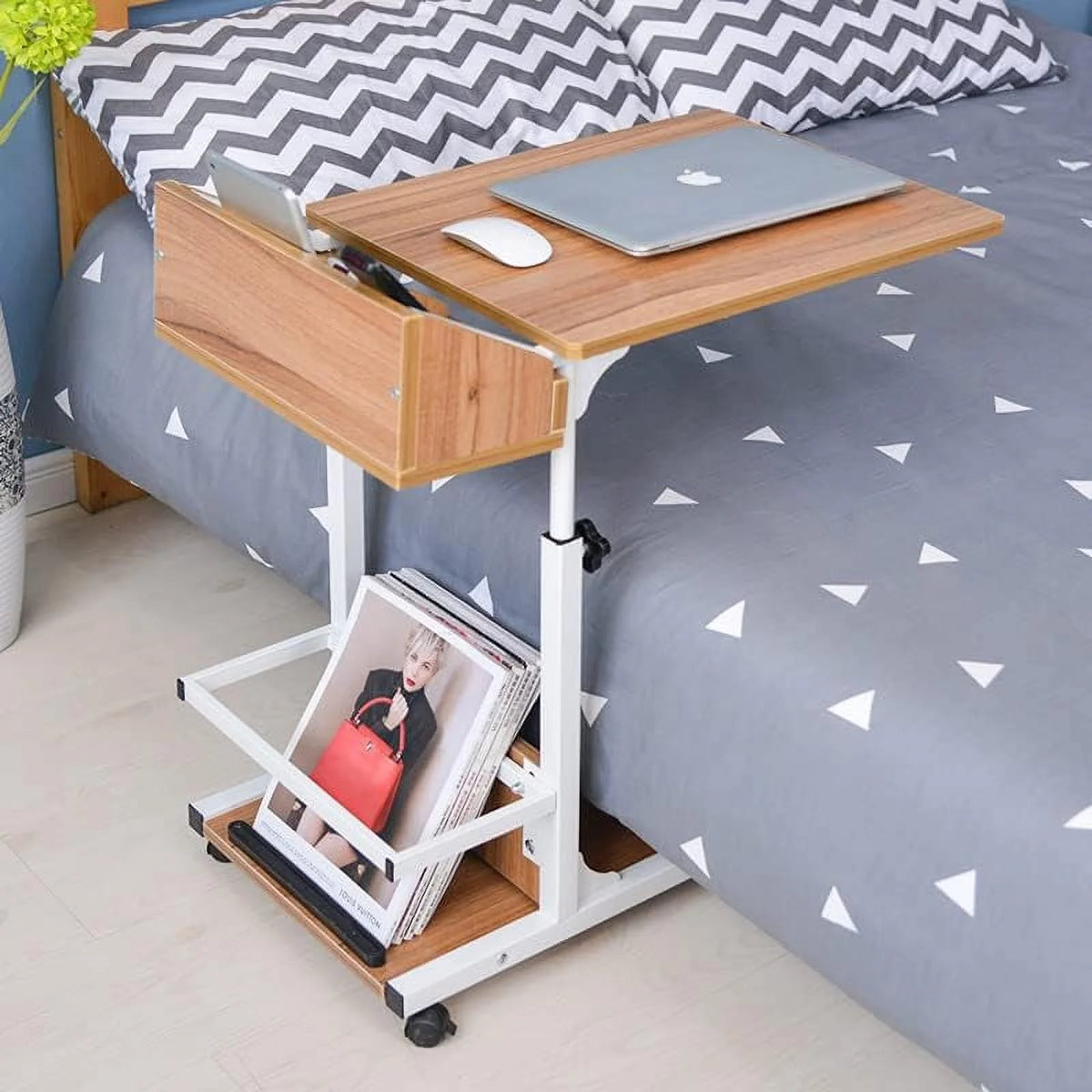 C Shaped Mobile Sofa Side Table with Wheels and Storage Shelves Y2056