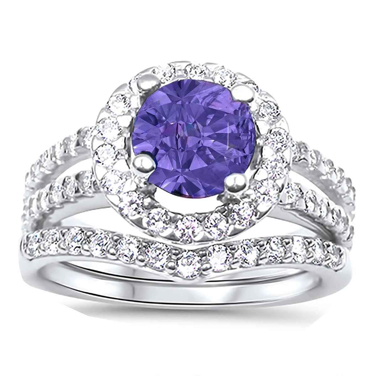 Purple CZ Black Silver Wedding Engagement Rings Set W4462