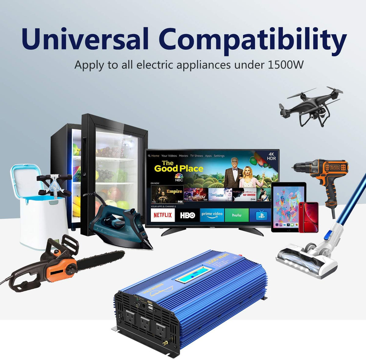 1500W Pure Sine Wave Power Inverter DC 12v to AC 110V-120V with Remote Control LCD Display Y95265