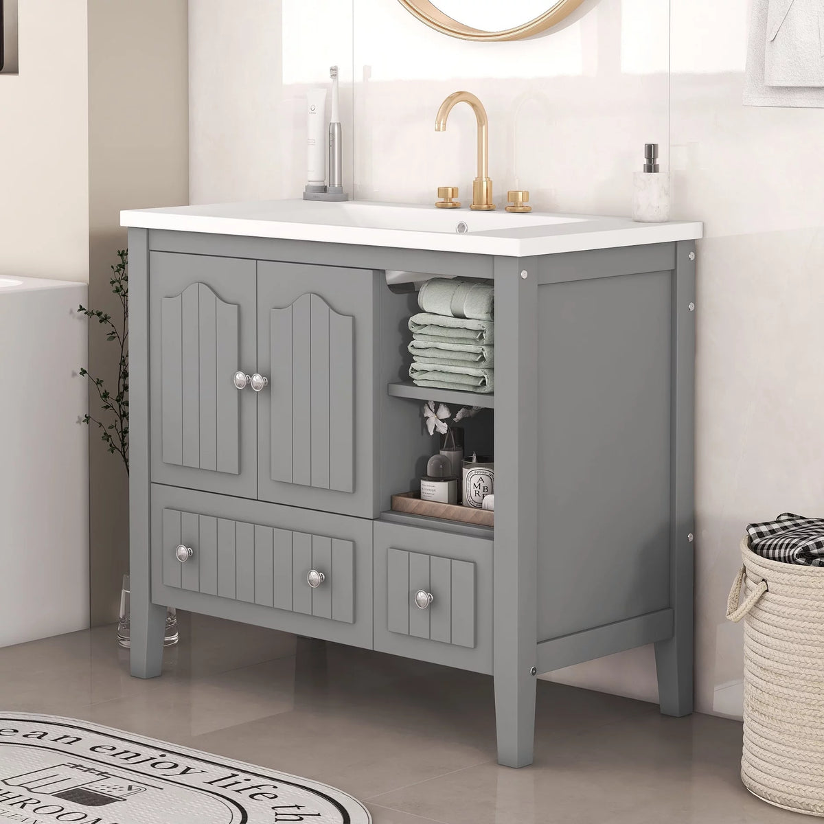 36" Bathroom Vanity with Sink, Undermount Storage Cabinet Set, Gray J64991