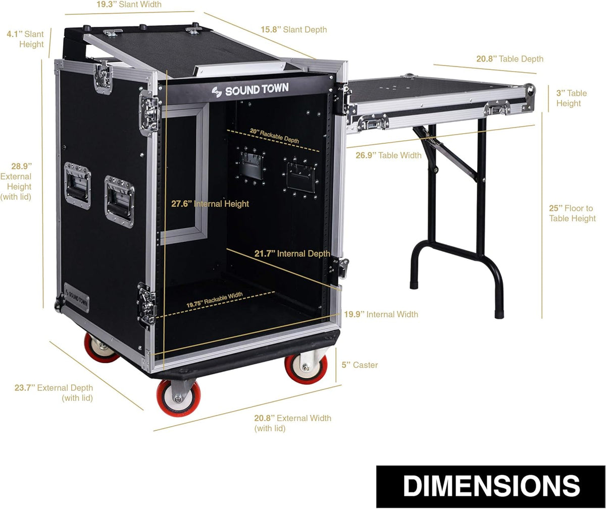 14U PA DJ Rack Case with 11U Slant Mixer Top and Casters X208