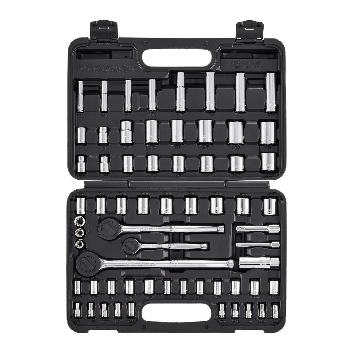 1/4 in., 3/8 in., and 1/2 in. Drive SAE and Metric Socket Set, 64-Piece P45351