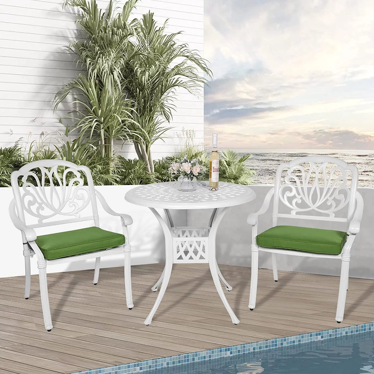 3-Piece Cast Aluminum Outdoor Patio Dining Set with 2 Cushioned Chairs and Round Table H829