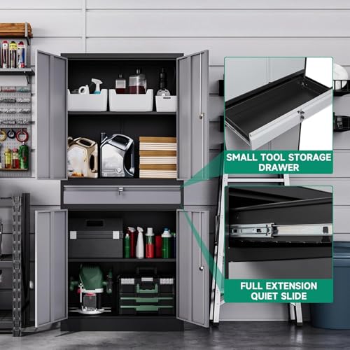 Metal Garage Storage Cabinet with Drawer, 4 Door Tool Cabinet with Lock D638