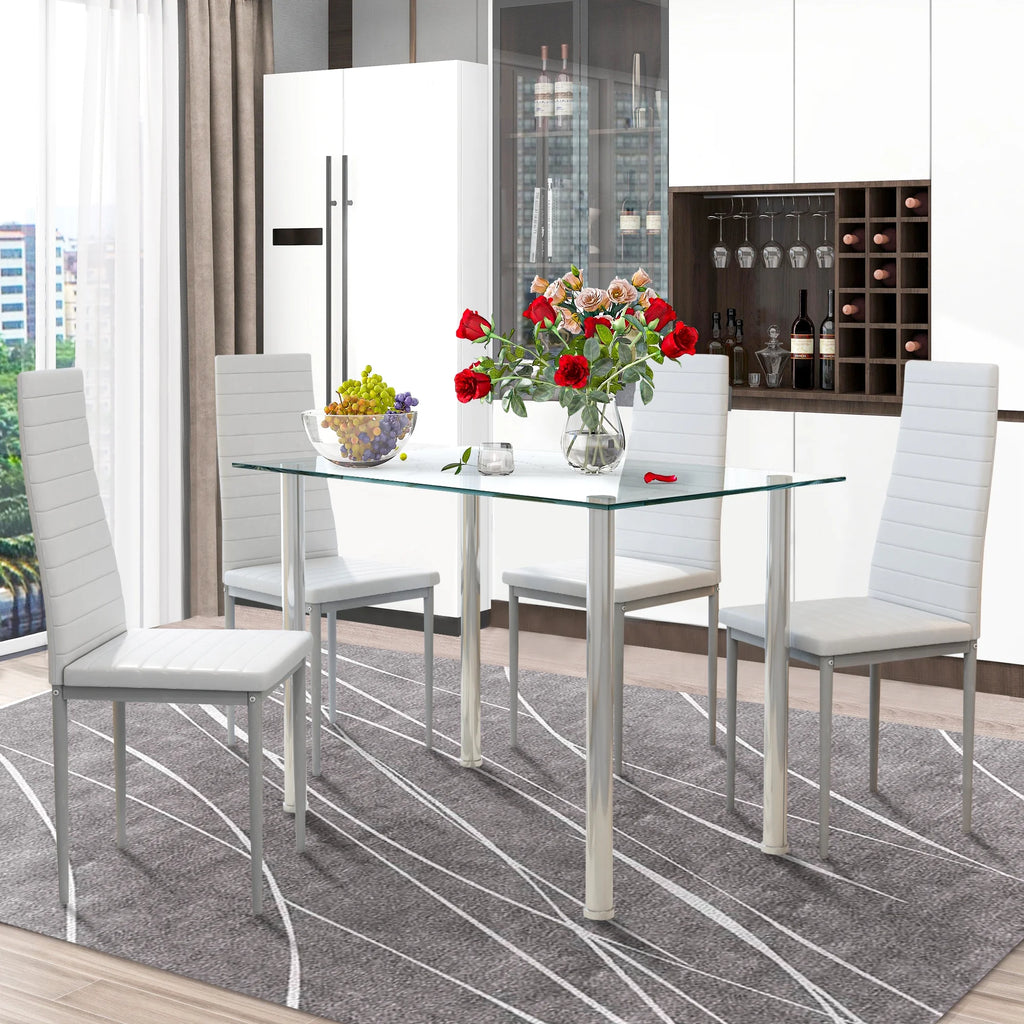 White Tempered Glass Dining Table Set for 4 with 4 PU Leather Chairs O2992