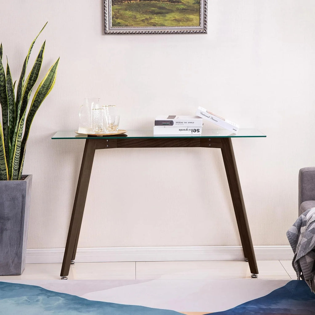 Glass Console Table with Solid Wood Legs I63899