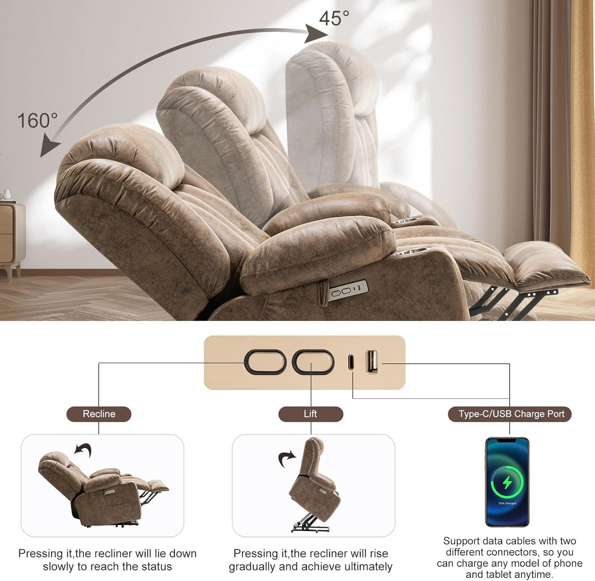 Light Brown Power Lift Recliner with Heated and Massage, USB, Cup Holder J267