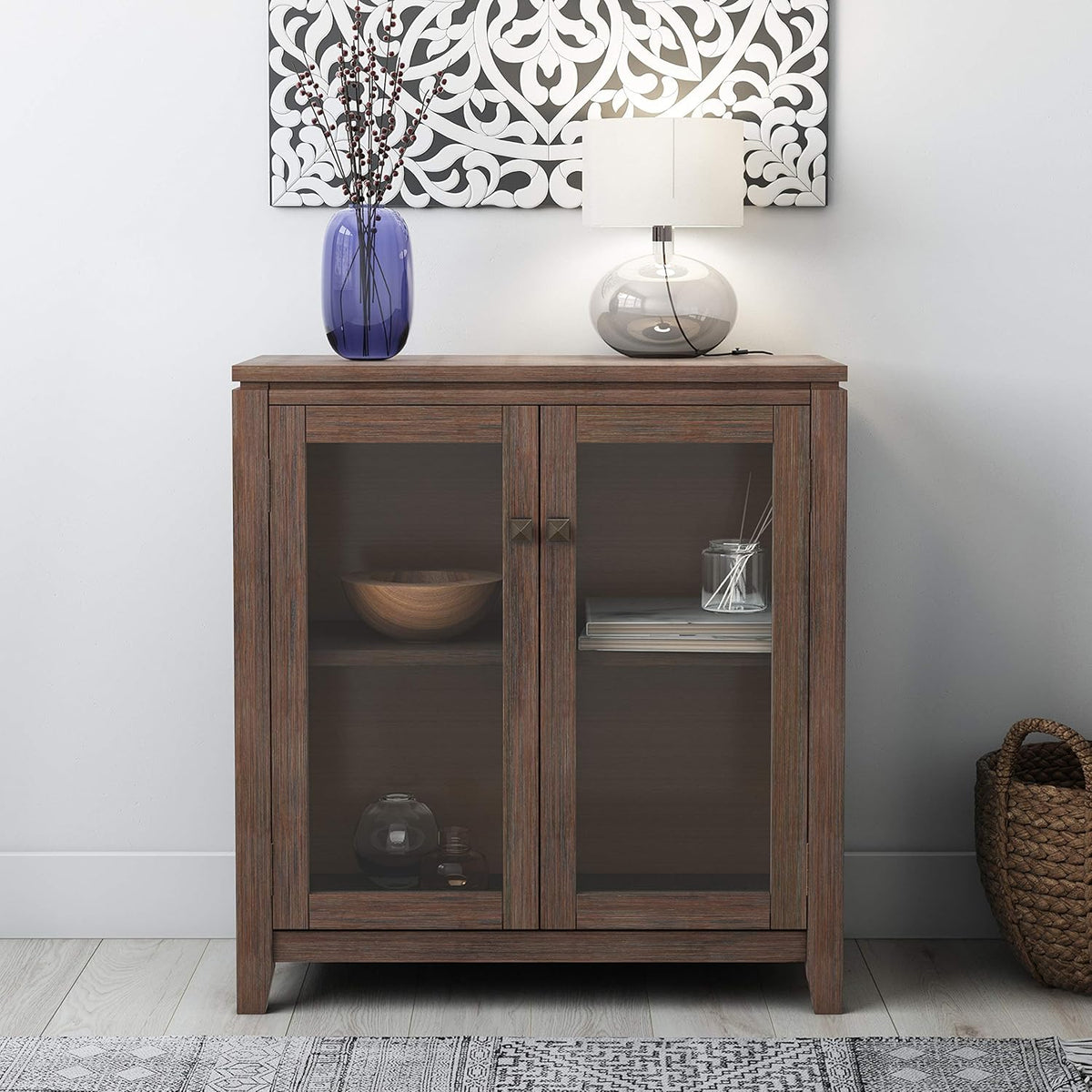 Farmhouse Grey 30 inch Wide Low Storage Cabinet with 2 Tempered Glass Doors K13899