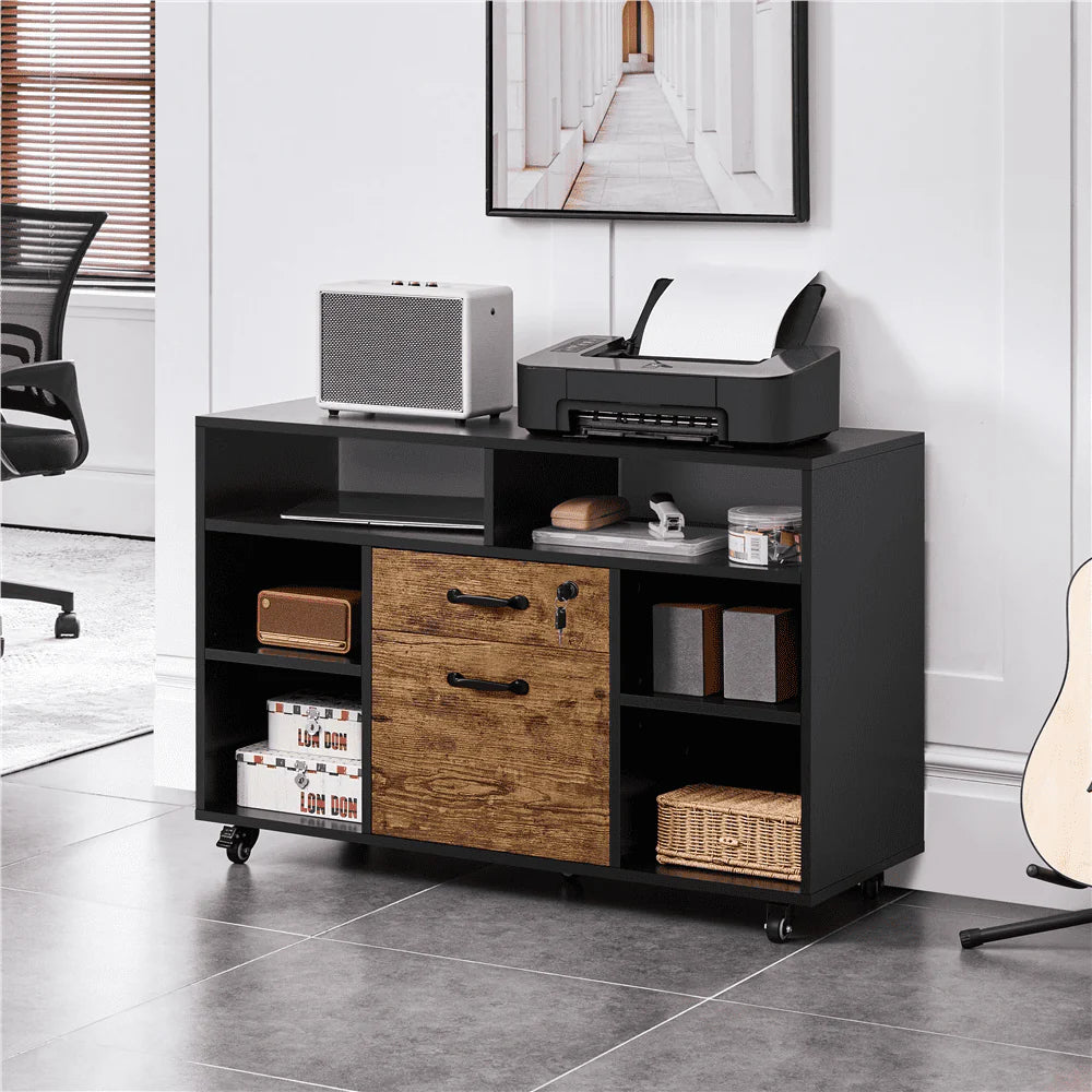 Black Rustic Brown Wooden Rolling File Cabinet with Lockable Drawer I171724