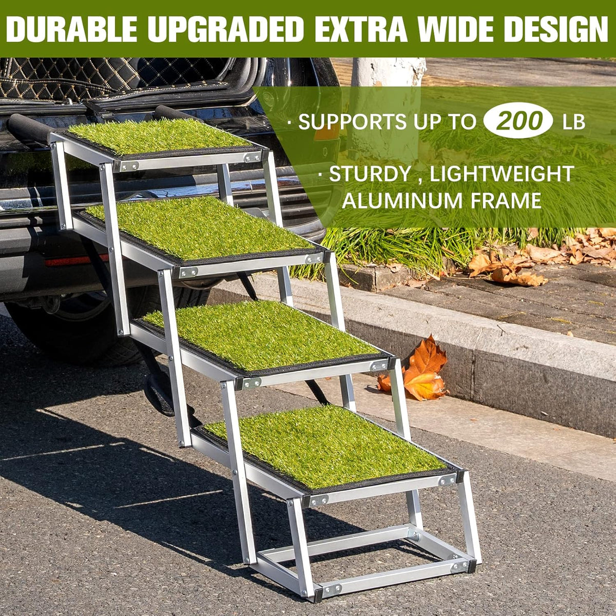 Aluminum Lightweight Portable Dog Car Ramp with Steps, 4 Black, Supports up to 200 lbs Z150856