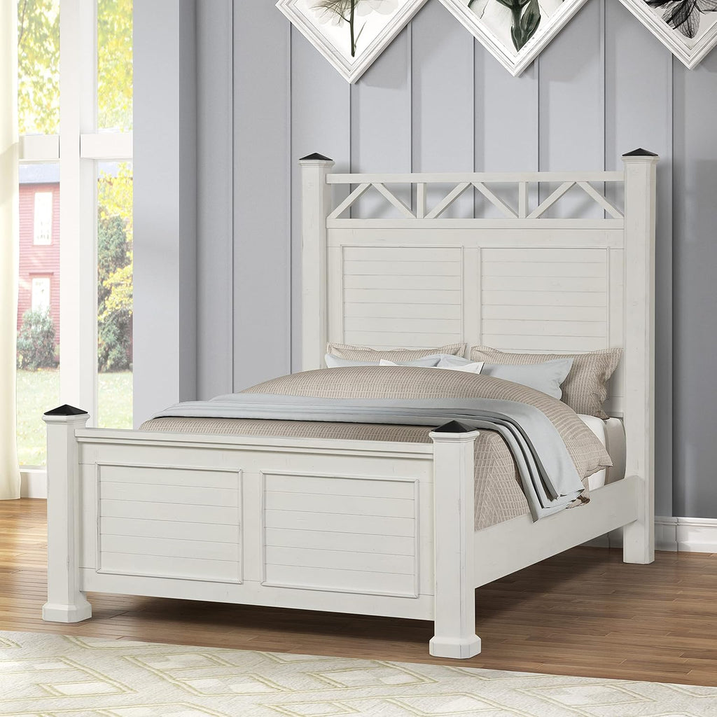 Antique White Queen Wood Panel Bed with Dresser, Mirror and Nightstand Z2306