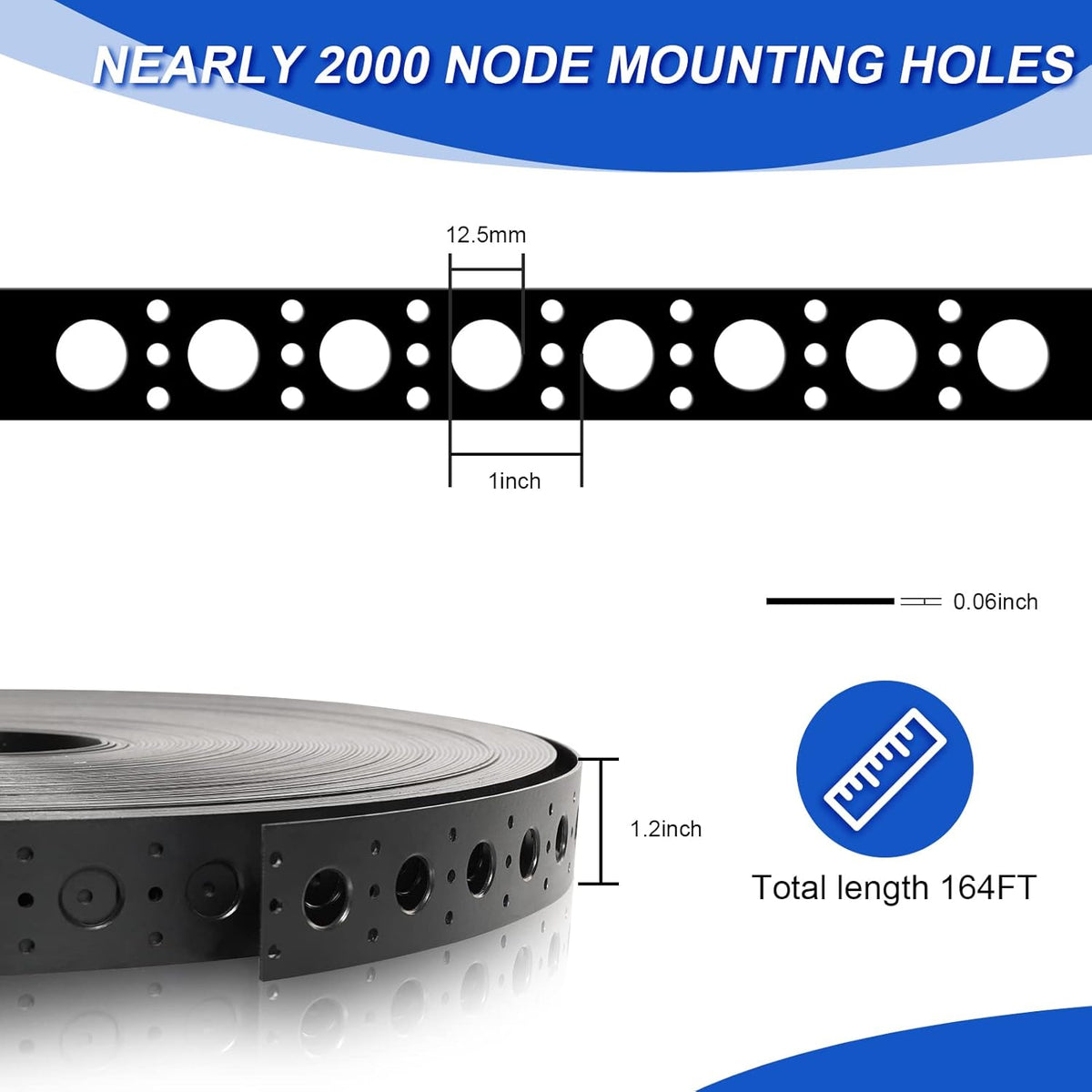 Black Mounting Strip for 12mm RGB Pixel Node, 50meter/Roll, 1 inch Hole Spacing, 30mm Wide, 1.6mm Thick, Pack of 2 S7049