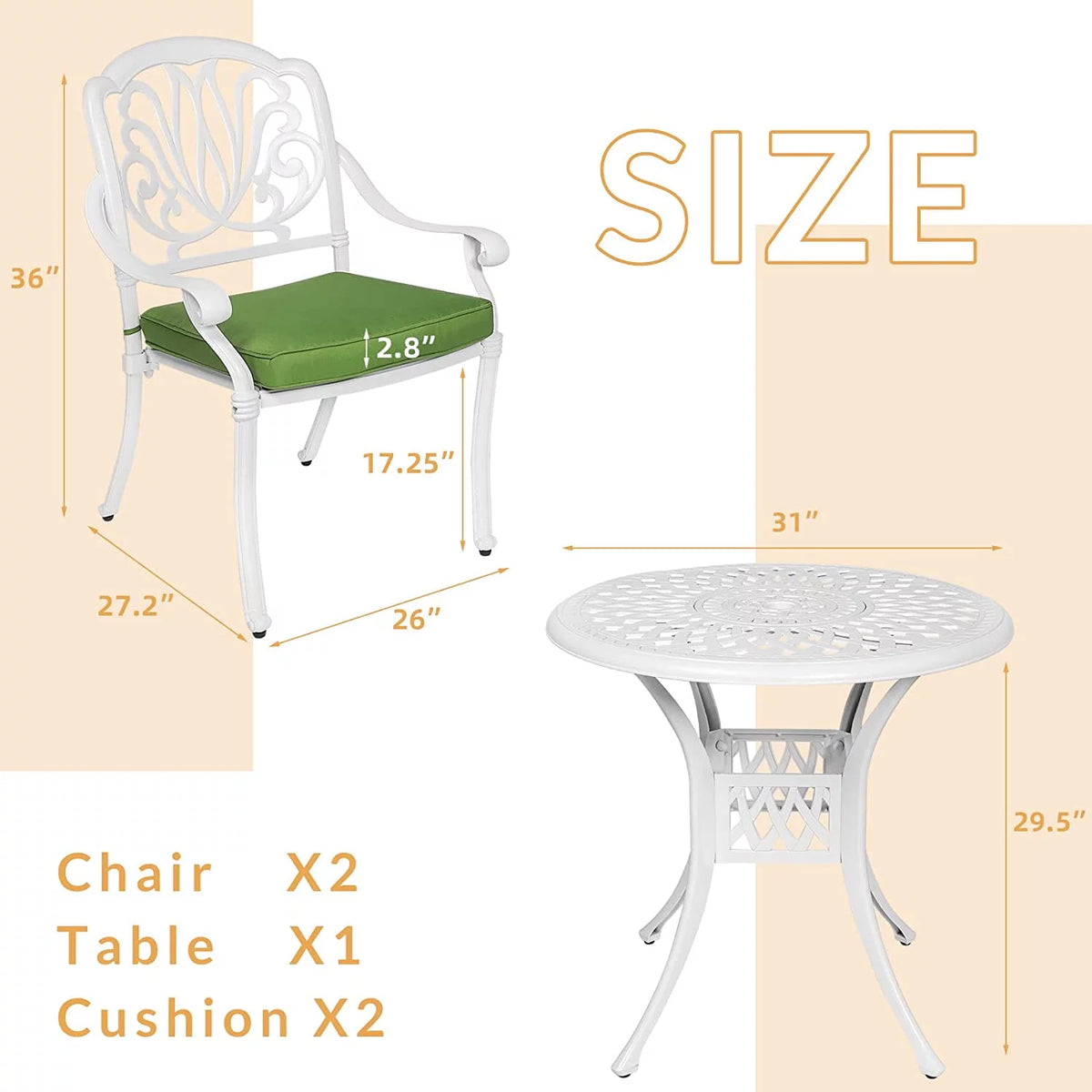 3-Piece Cast Aluminum Outdoor Patio Dining Set with 2 Cushioned Chairs and Round Table H829