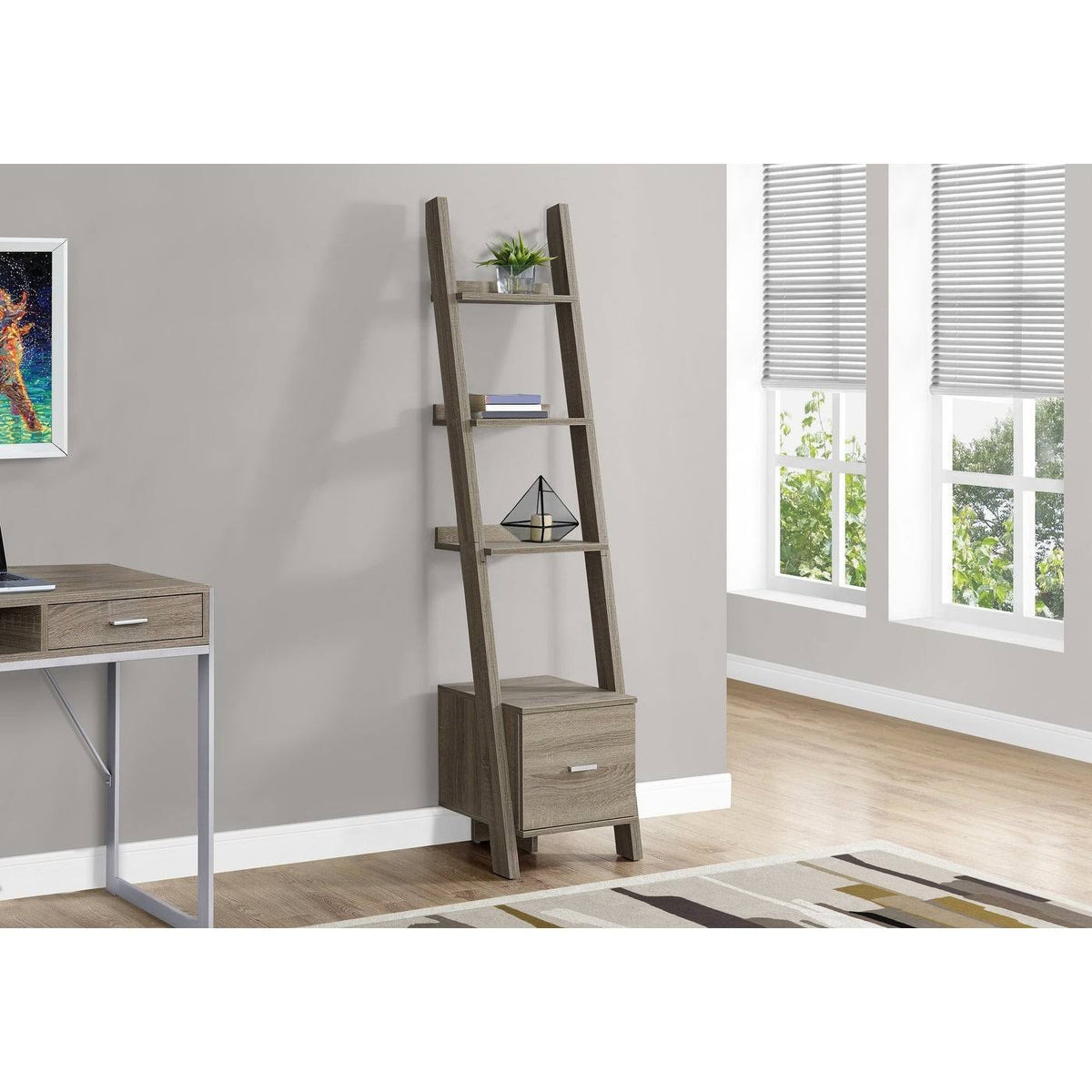 Dark Taupe Ladder Bookcase with Storage Drawer Q6566