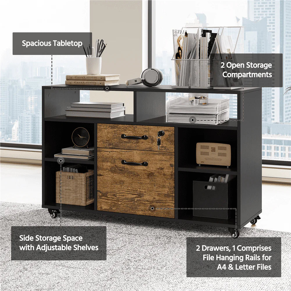 Black Rustic Brown Wooden Rolling File Cabinet with Lockable Drawer I171724