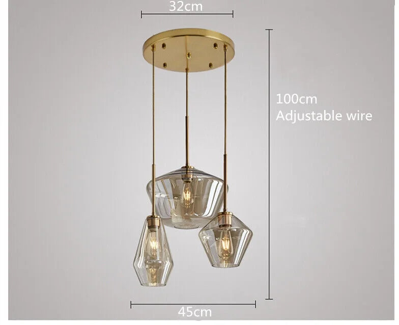 Vintage Glass 3 Light Pendant Lamp Adjustable Height Gold Finish K62958