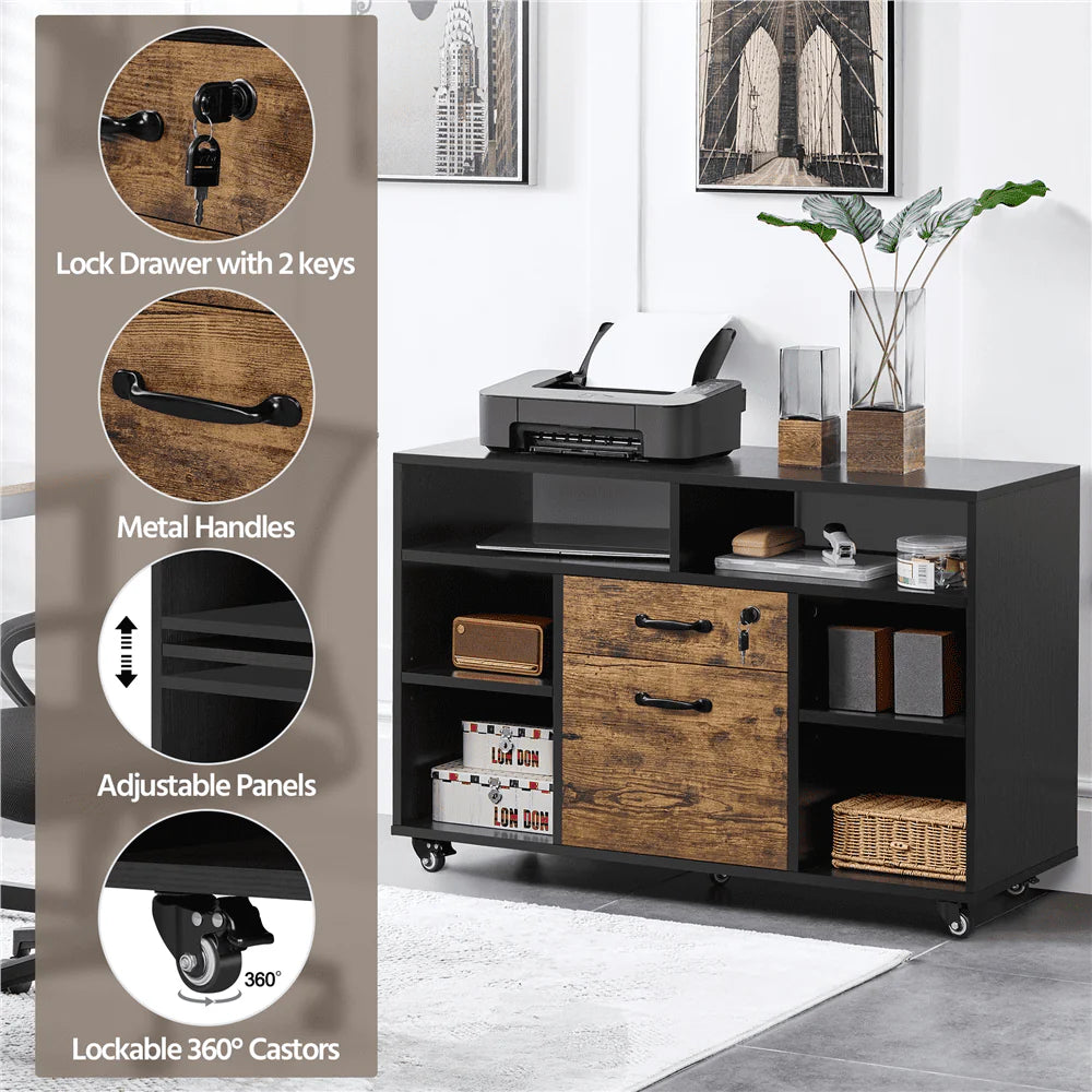 Black Rustic Brown Wooden Rolling File Cabinet with Lockable Drawer I171724