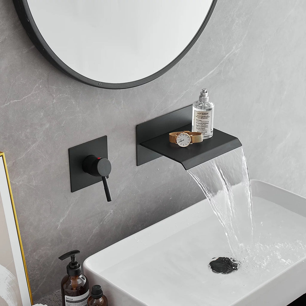 Wall Mount Waterfall Bathroom Faucet Matte Black T8085