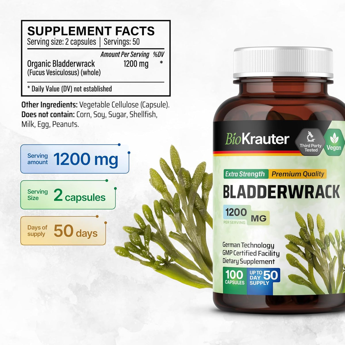 1200 mg Bladderwrack Capsules, 100 Veggie Capsules C94409