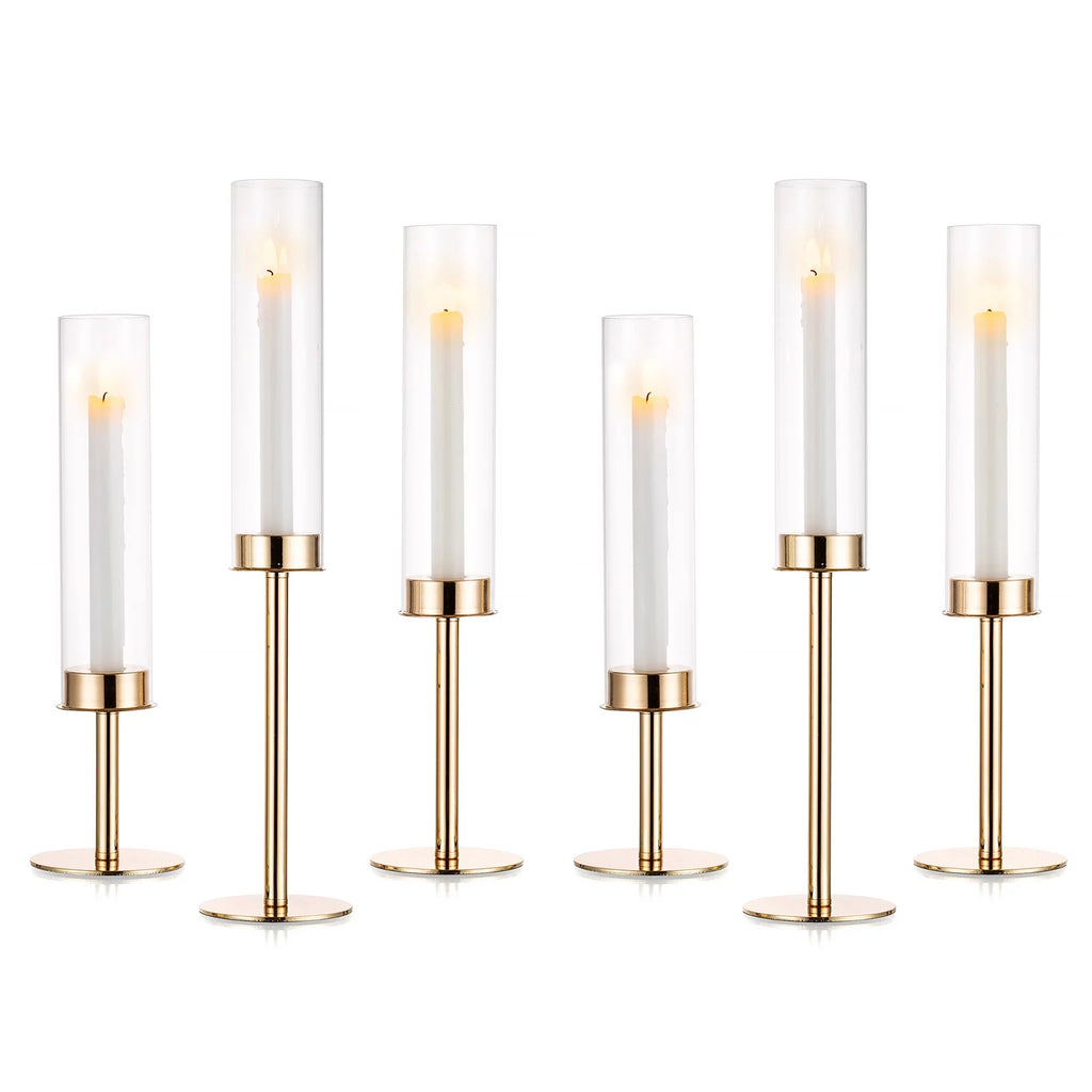 Gold Taper Candle Holders with Hurricane Glass Set of 6 L524191