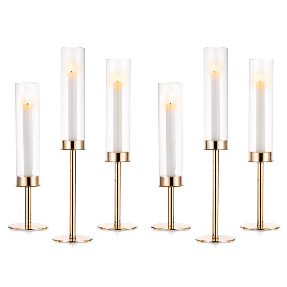 Gold Taper Candle Holders with Hurricane Glass Set of 6 L524191