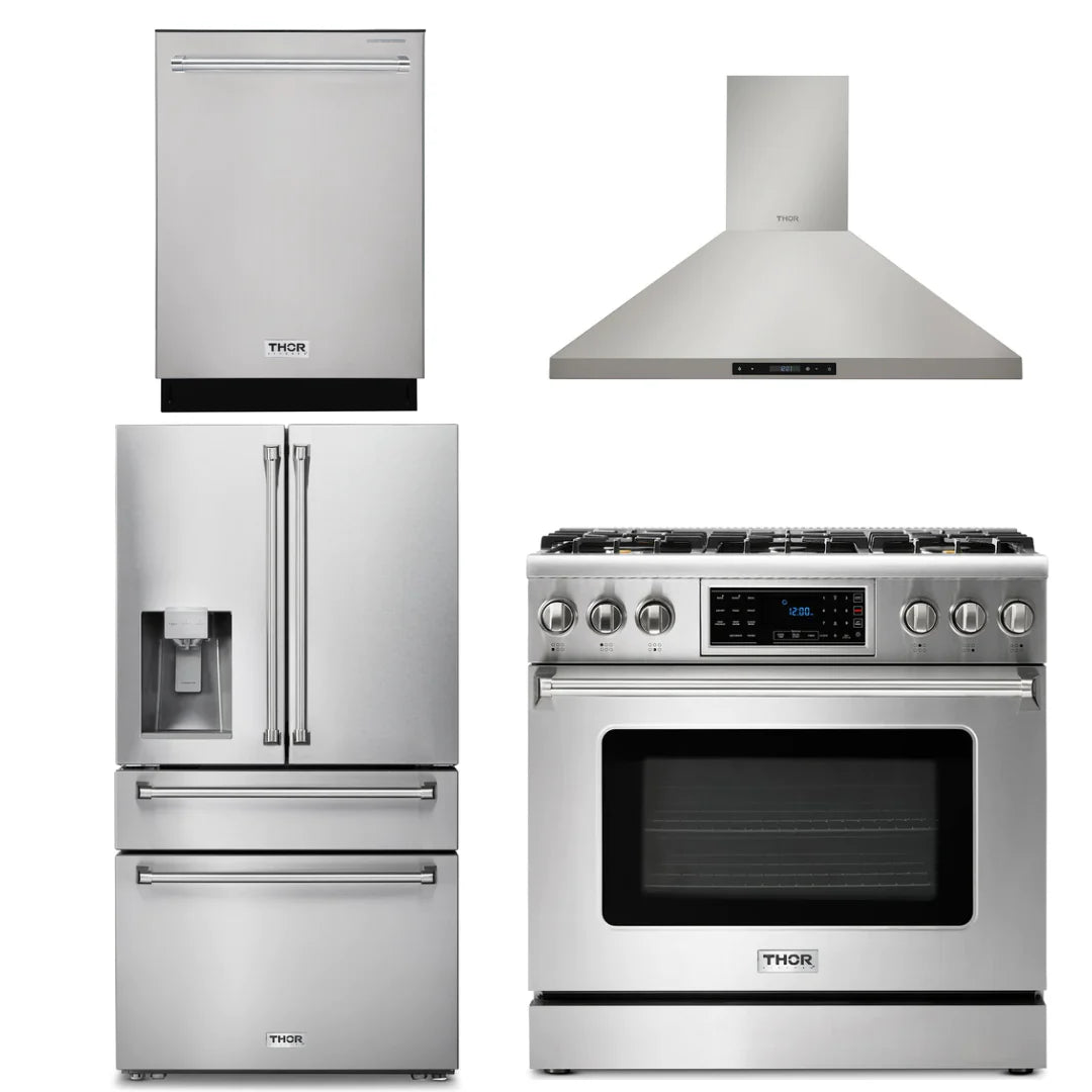 36 Gas Range, Range Hood, Refrigerator with Water and Ice Dispenser, Dishwasher R954