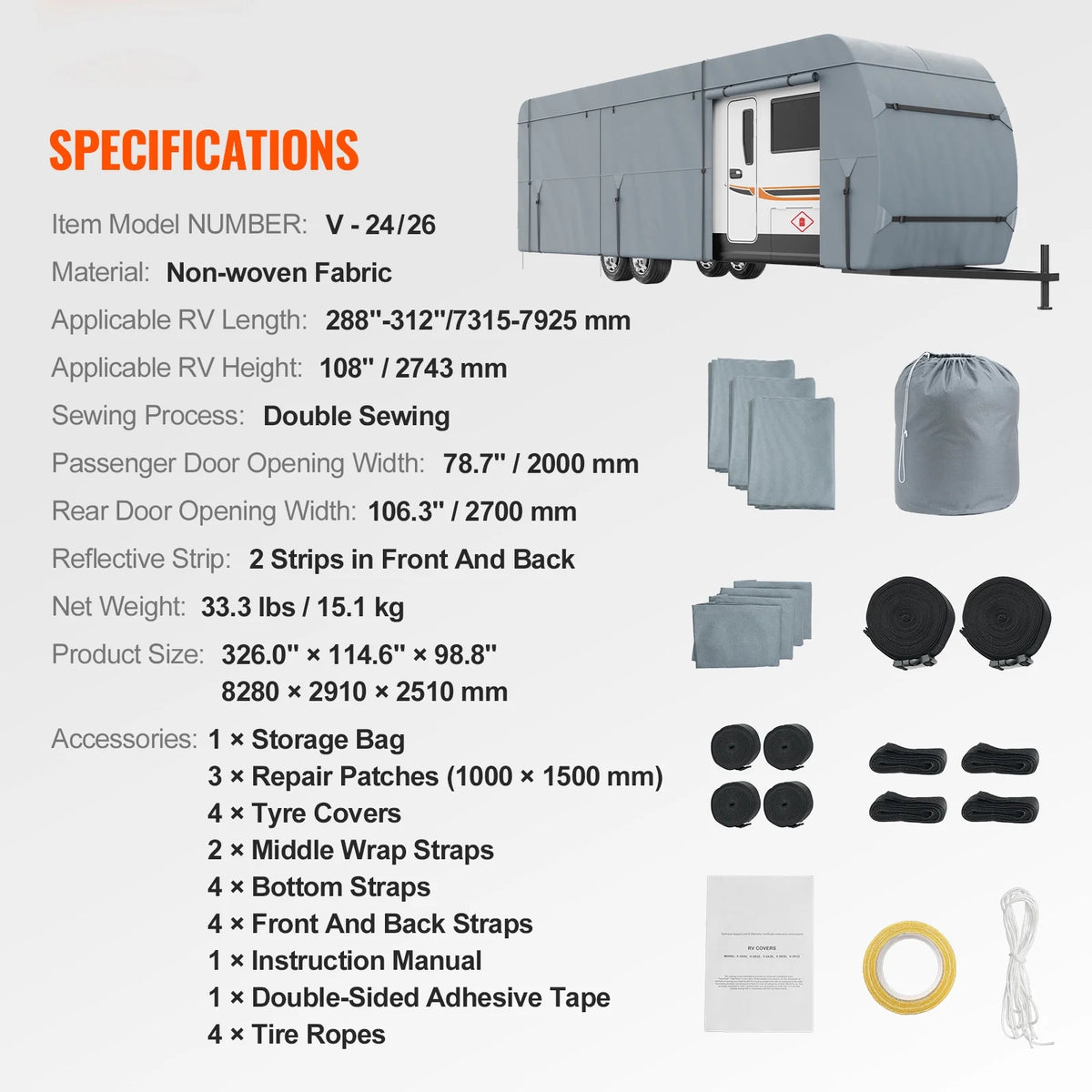 28-30' 4-Layer Non-Woven Fabric RV Cover with Storage Bag and Patches J7275