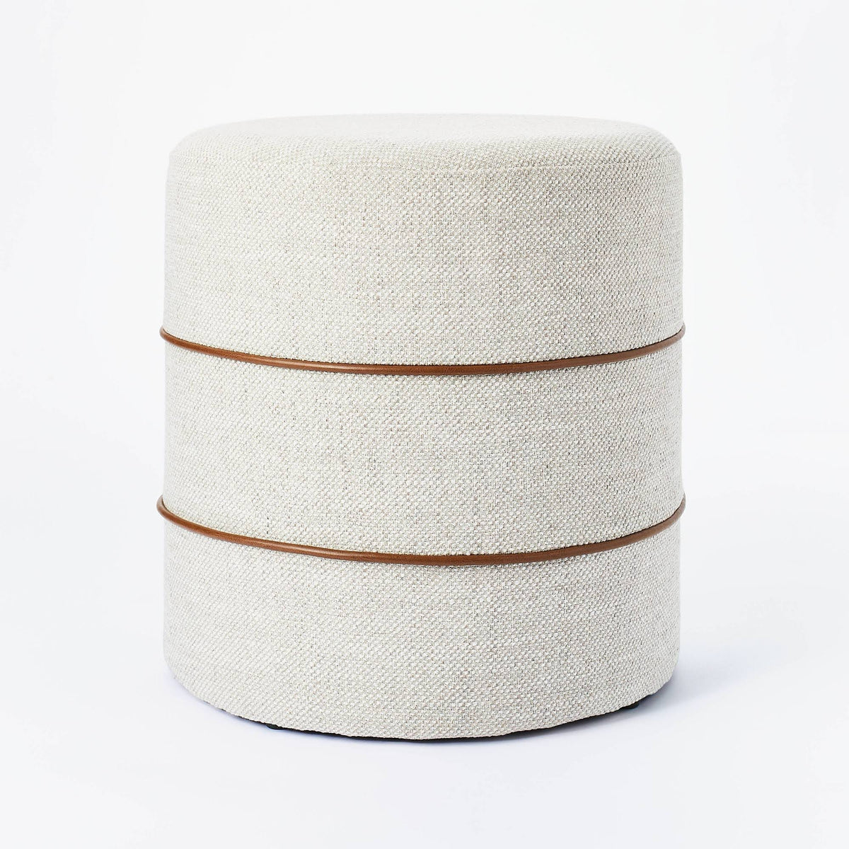 Cream Round Ottoman with Leather Piping D749358