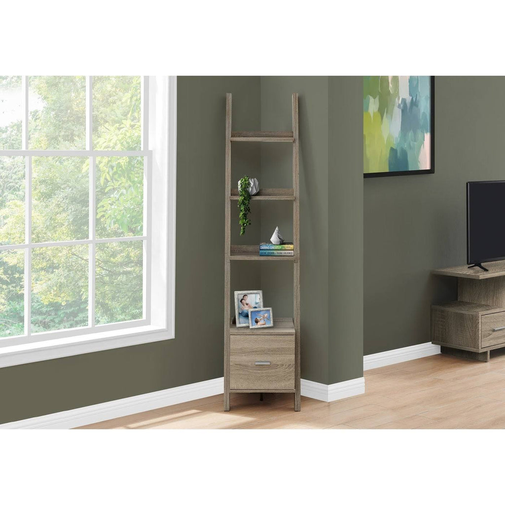 Dark Taupe Ladder Bookcase with Storage Drawer Q6566