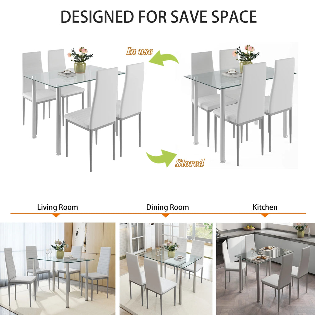 White Tempered Glass Dining Table Set for 4 with 4 PU Leather Chairs O2992