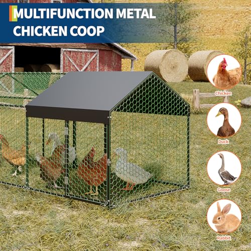 Metal Chicken Coop with Waterproof Cover, 120" x40" x40" Large Chicken Run with 3 Doors, Silver Q29349