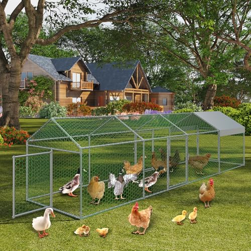 Metal Chicken Coop with Waterproof Cover, 120" x40" x40" Large Chicken Run with 3 Doors, Silver Q29349