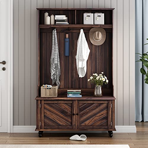 Black Wooden Shoe Bench with 2 Compartments & 4 Hooks Z66374