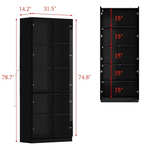 Black Glass Display Cabinet with 5-Tier Shelves and 4 Doors H159313