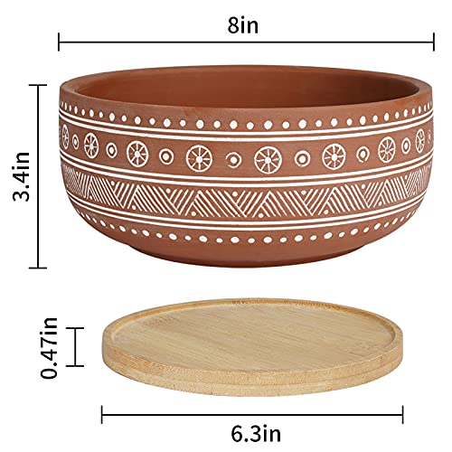 8 Inch Terracotta Succulent Planter Pot with Drainage Hole and Bamboo Tray B218