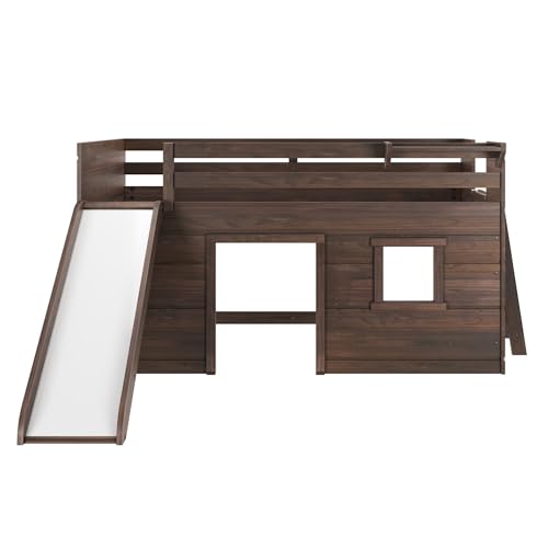 Twin Size Solid Wood Low Loft Bed with Storage Drawer and Ladder Y30967