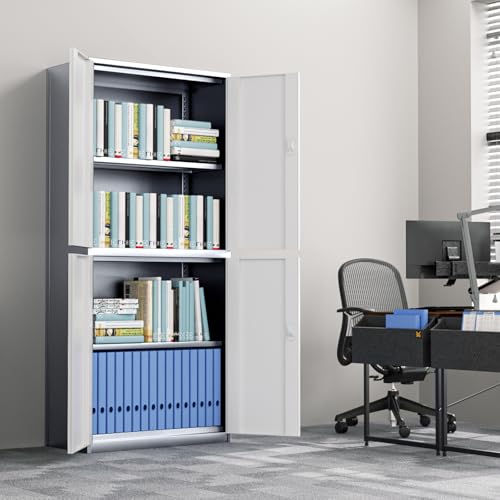 Metal Storage Cabinet with 4 Lock Doors and 4 Adjustable Shelves, 74" Tall Rolling Cabinet L951074