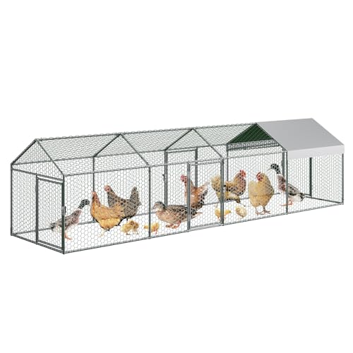 Metal Chicken Coop with Waterproof Cover, 120" x40" x40" Large Chicken Run with 3 Doors, Silver Q29349