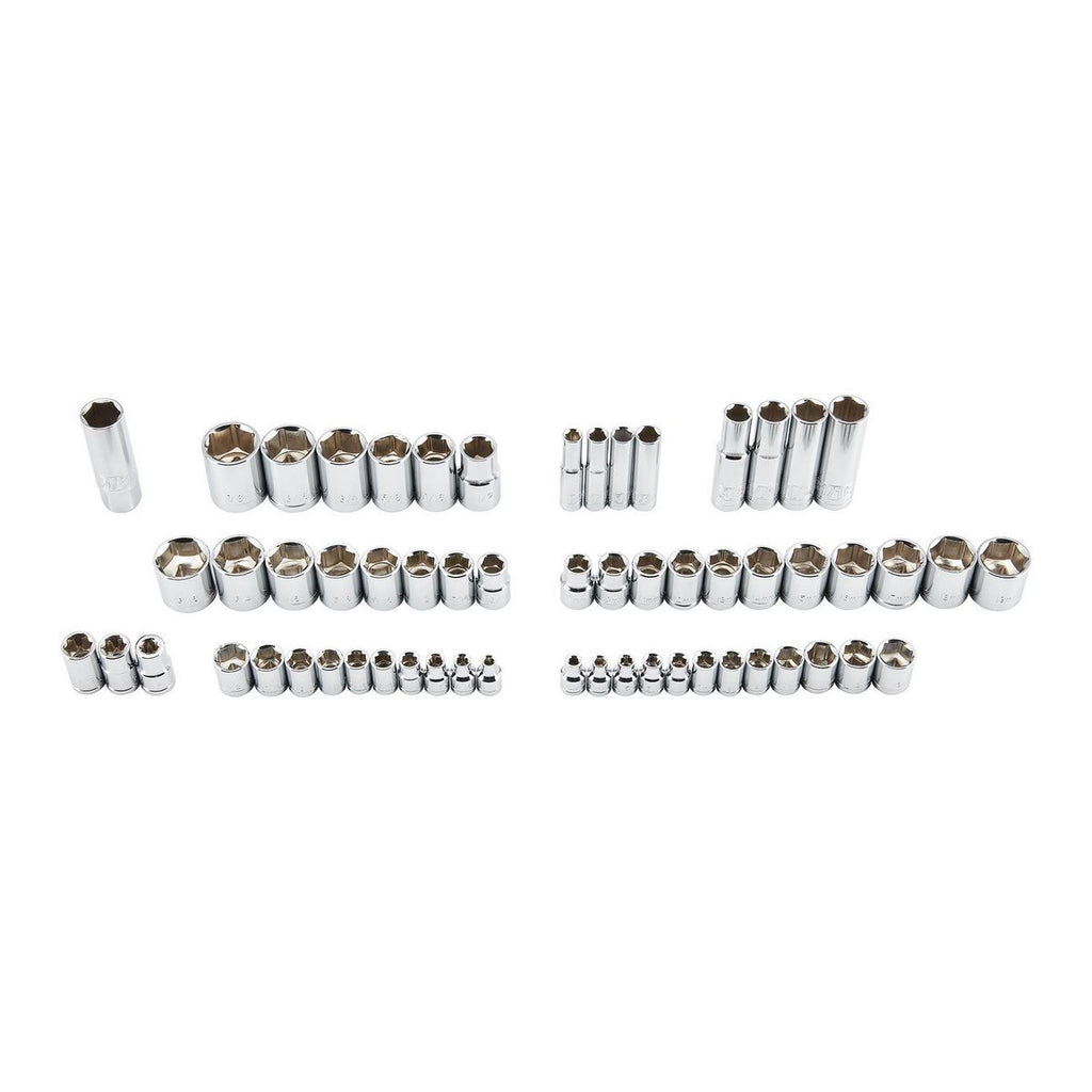 1/4 in., 3/8 in., and 1/2 in. Drive SAE and Metric Socket Set, 64-Piece P45351