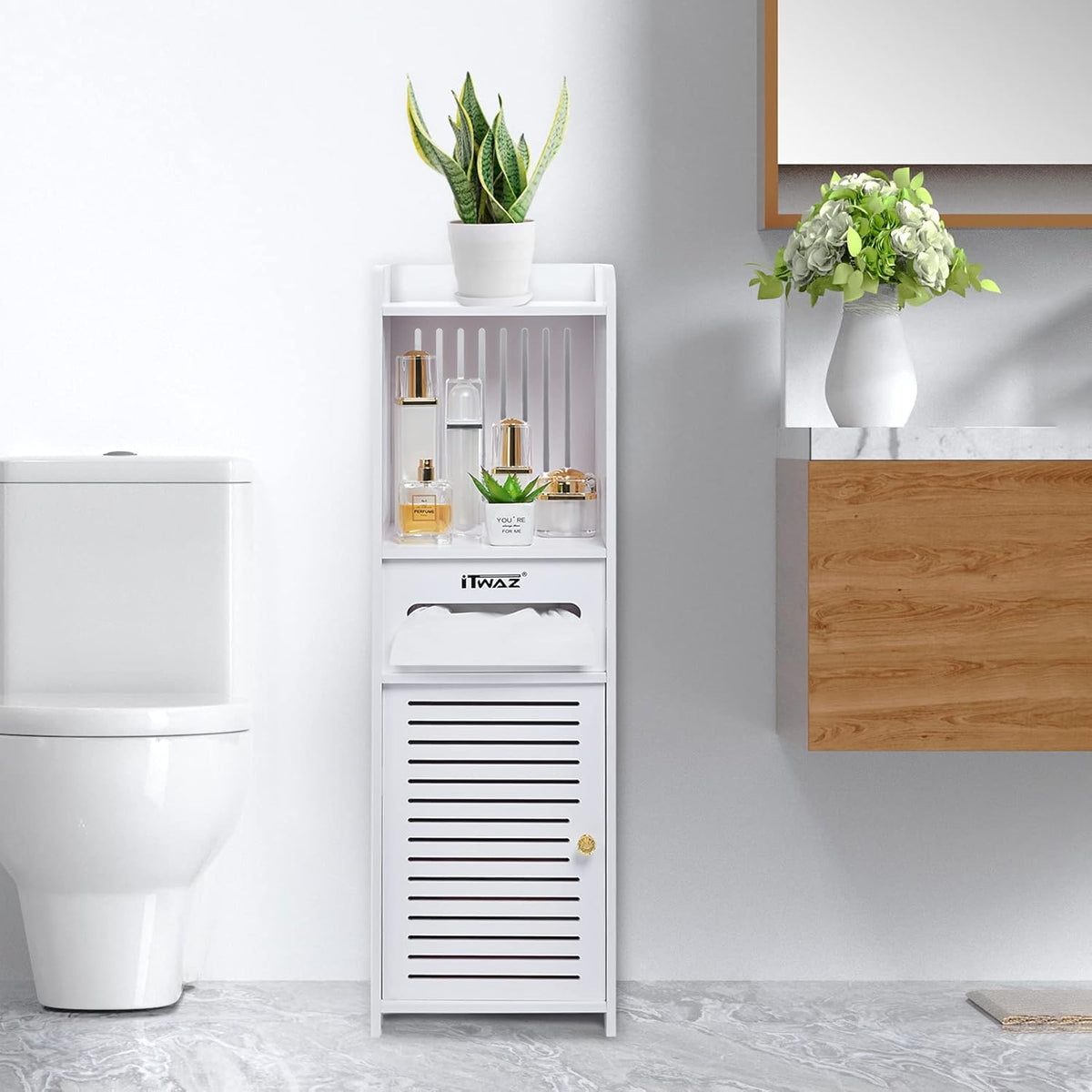White Free-Standing Bathroom Storage Cabinet with Single Door and 3-Layer Shelves K47429