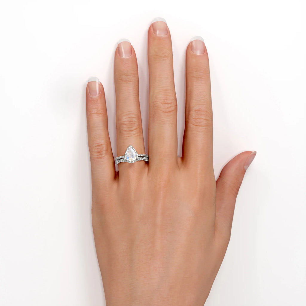 18K White Gold Plated Teardrop Rainbow Moonstone and Moissanite Wedding Ring Set L83663