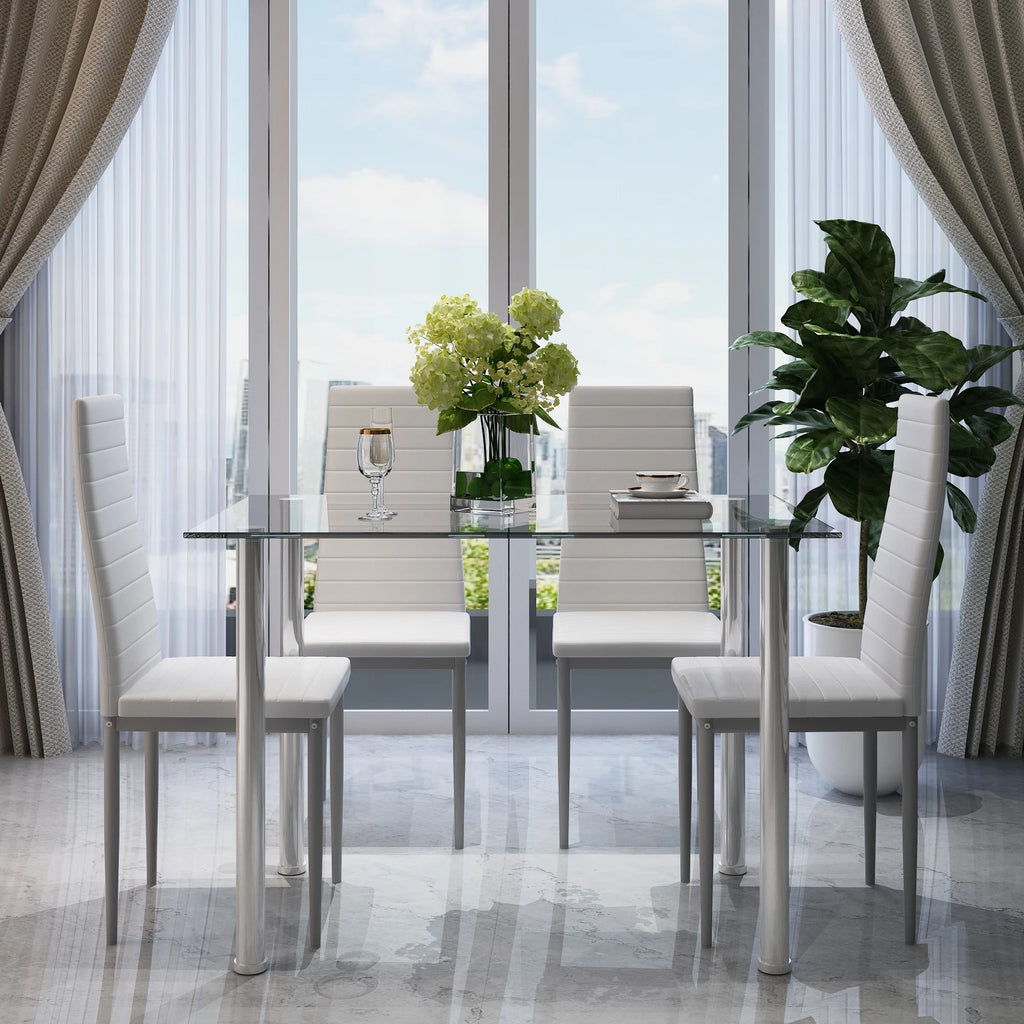 White Tempered Glass Dining Table Set for 4 with 4 PU Leather Chairs O2992