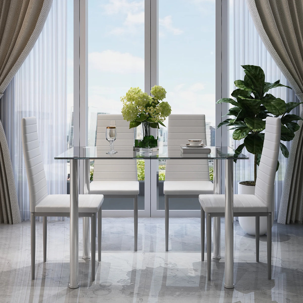 White Tempered Glass Dining Table Set for 4 with 4 PU Leather Chairs O2992