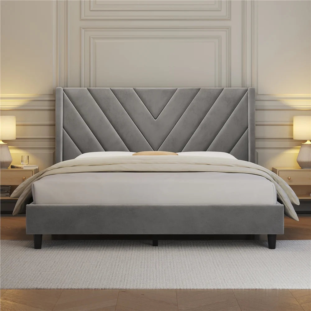 Light Gray Upholstered Bed with Wooden Slat Support H245311