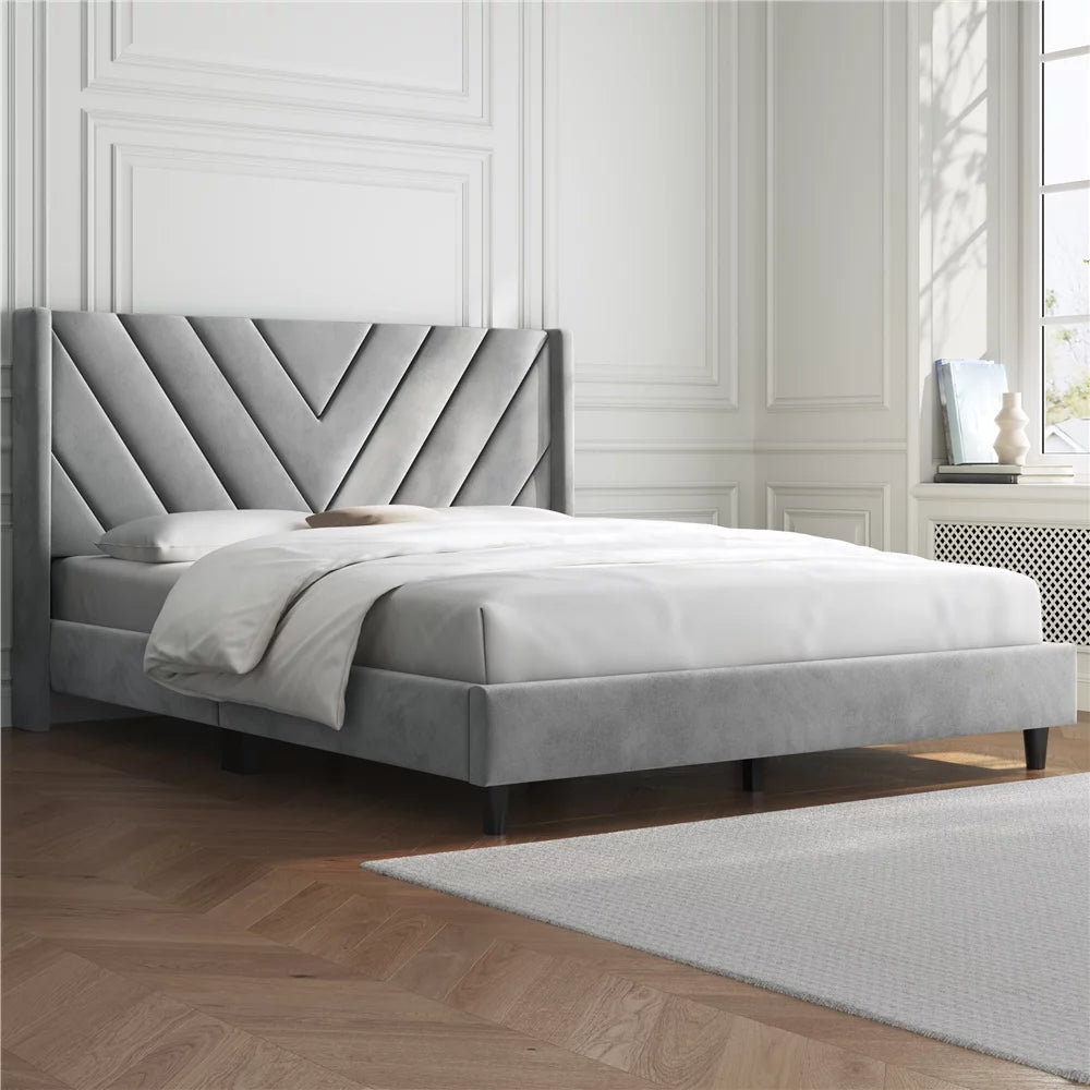 Light Gray Upholstered Bed with Wooden Slat Support H245311