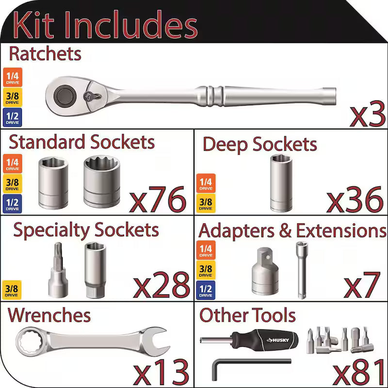 1/4 in., 3/8 in. and 1/2 in. 72-Tooth Ratchet Mechanics Tool Set (244-Piece) D73255