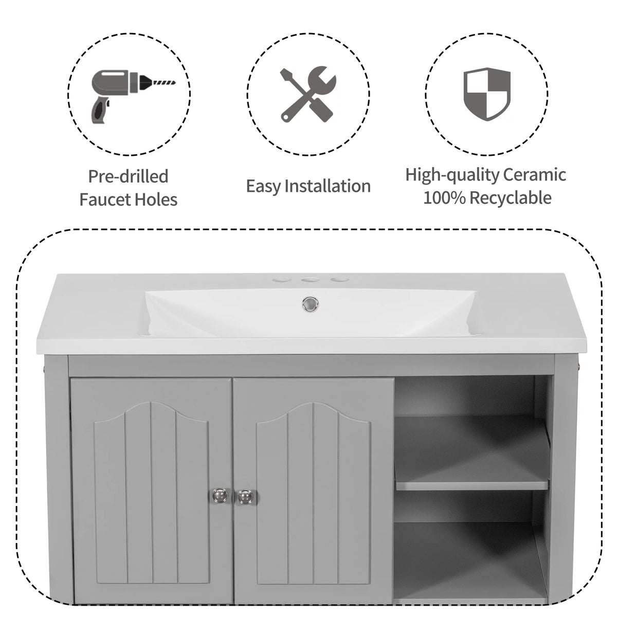 36" Bathroom Vanity with Sink, Undermount Storage Cabinet Set, Gray J64991